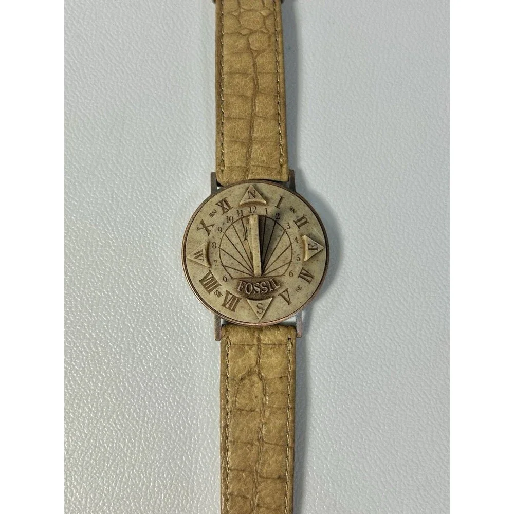 Vintage Sundial Fossil Brown Leather Analog Watch Novelty Wristwatch